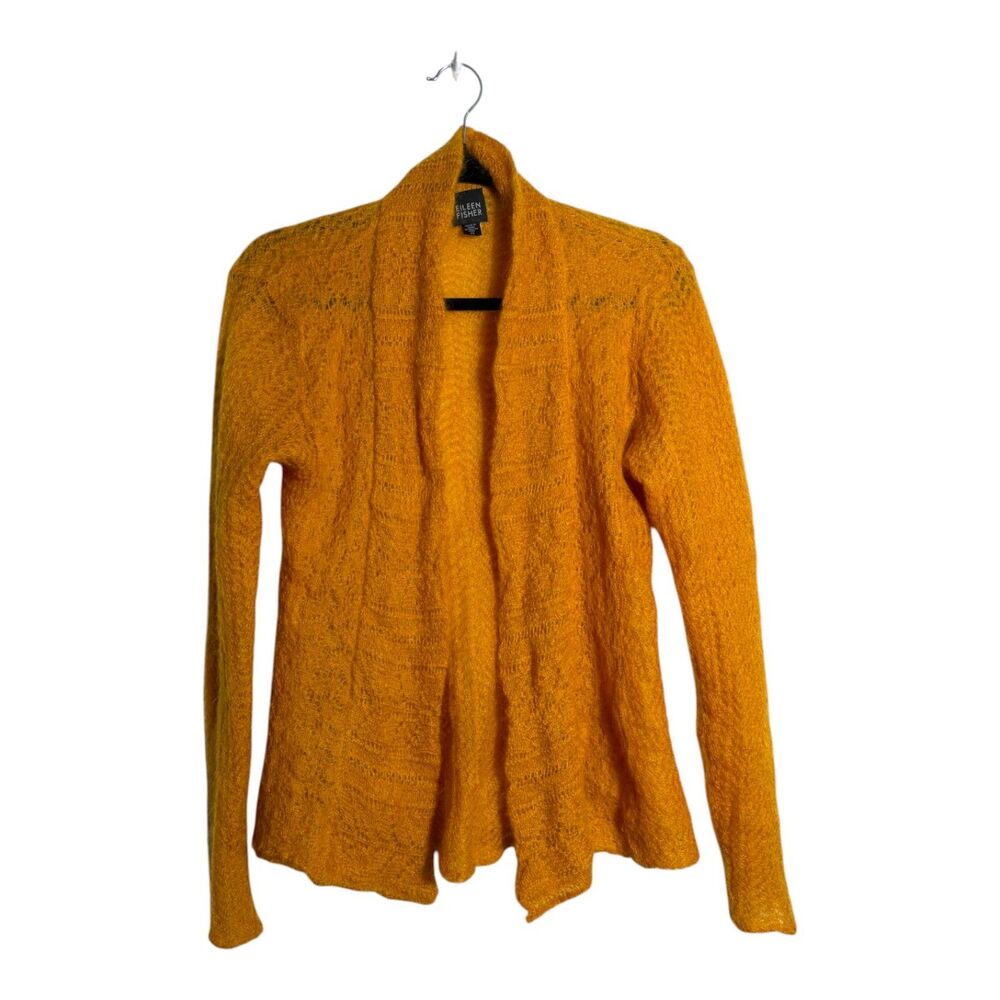 Eileen Fisher Italian Mohair Wool Knit Golden Yellow Orange Cardigan Size XS